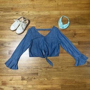 Denim Crop Tie Blouse